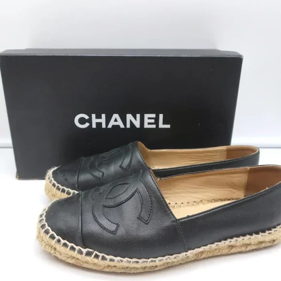 CHANEL CC ESPADRILLES BLACK LEATHER SIZE 37 - Picture 1 of 13